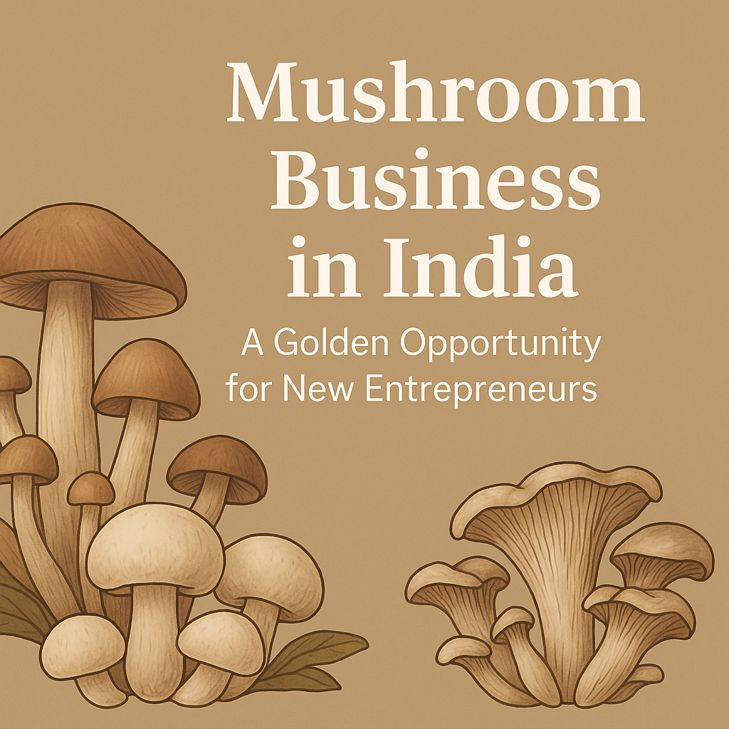 Fresh organic mushrooms displayed with farm tools and branding elements, representing a modern mushroom business in India.