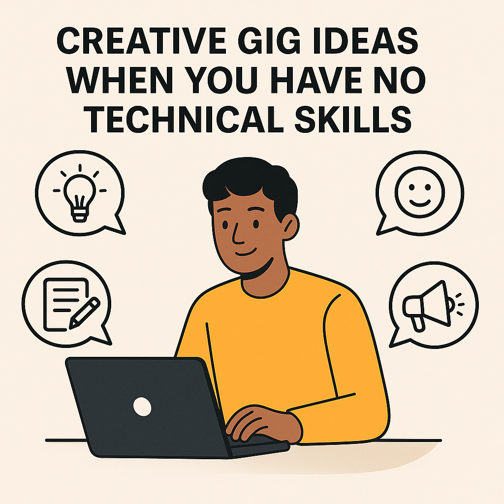 Illustration of a young man working on a laptop, surrounded by icons representing creative gig ideas like content writing, voice messages, brainstorming, and communication, with the title "Creative Gig Ideas When You Have No Technical Skills."