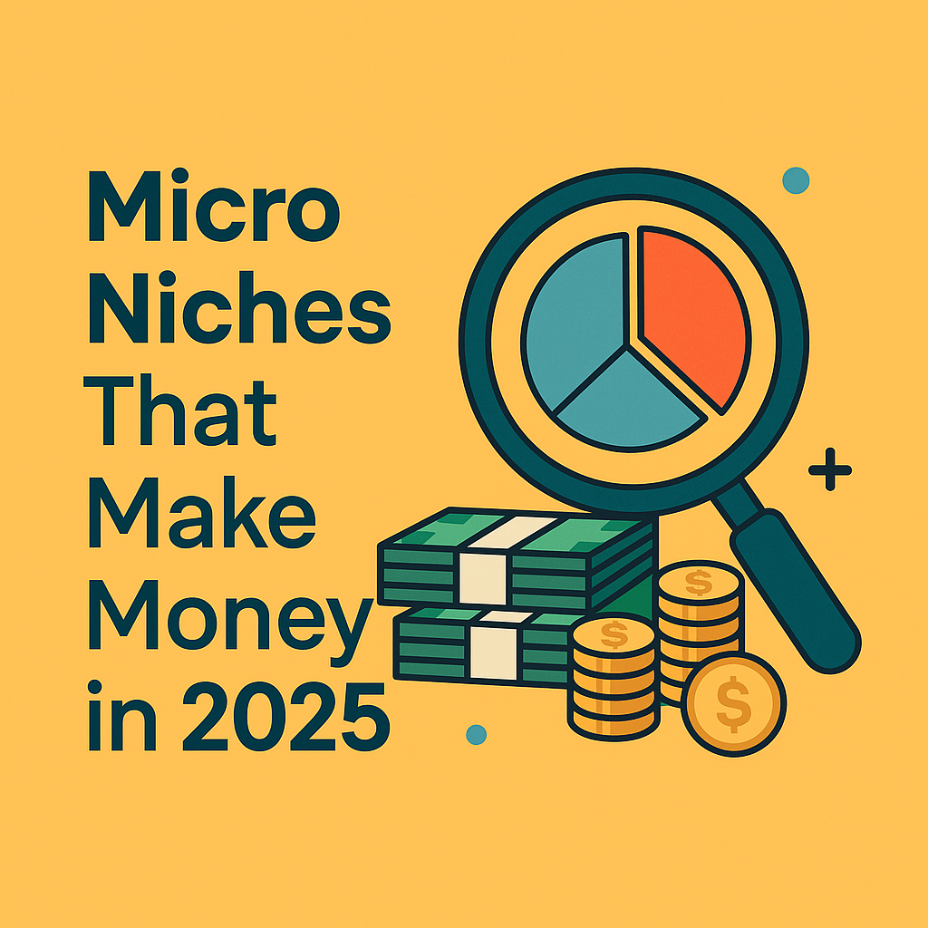 Magnifying glass over money and pie chart with the title "Micro Niches That Make Money in 2025" on a bright yellow background.
