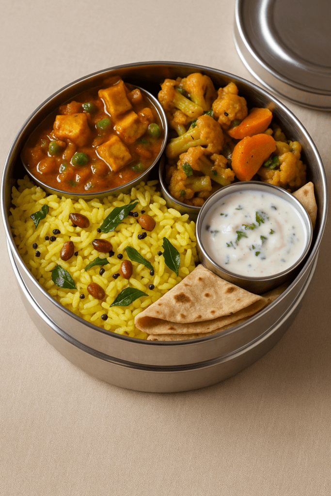 "Home-packed stainless steel tiffin box filled with healthy homemade meals including rice, curry, vegetables, and chapati."