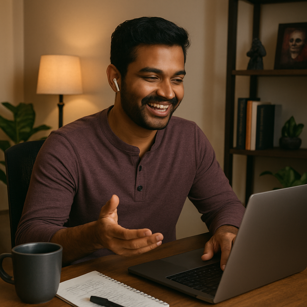 Smiling South Asian man talking to strangers on fiverr on a laptop at home office desk with a notebook and coffee mug."