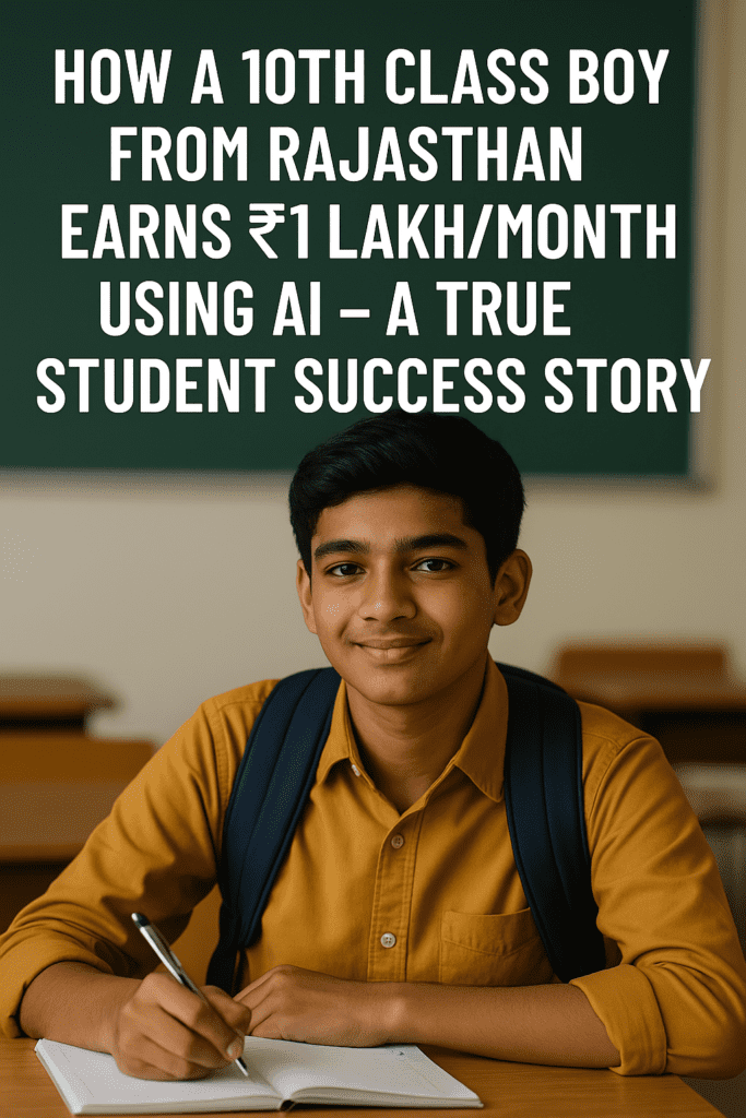 15-year-old Indian student from Rajasthan sitting in a classroom with a backpack and pen, smiling confidently, representing AI earning success.