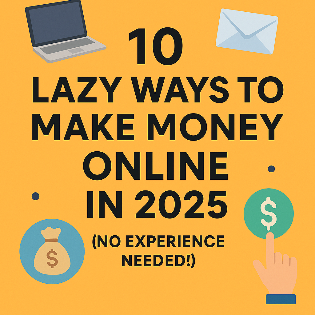 "2D digital graphic showing '10 Lazy Ways to Make Money Online in 2025' with icons for online income methods on a yellow-orange background."