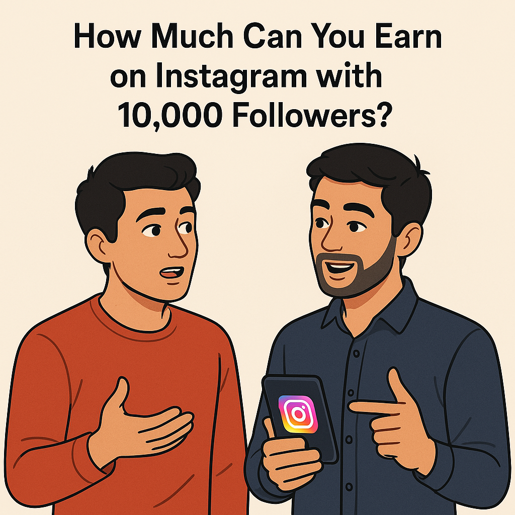 Two young men discussing Instagram earnings, with one holding a phone showing the Instagram logo and text above them.
