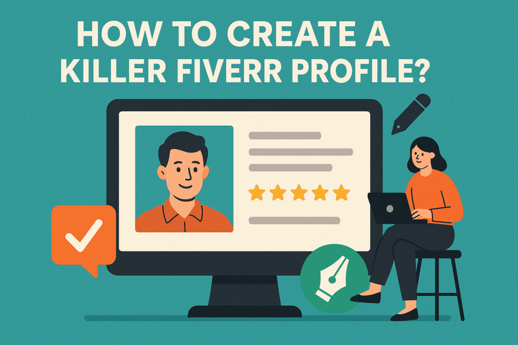 Illustration showing a woman working on a laptop beside a large computer screen displaying a Fiverr profile, with tips and icons highlighting how to create a successful Fiverr profile.