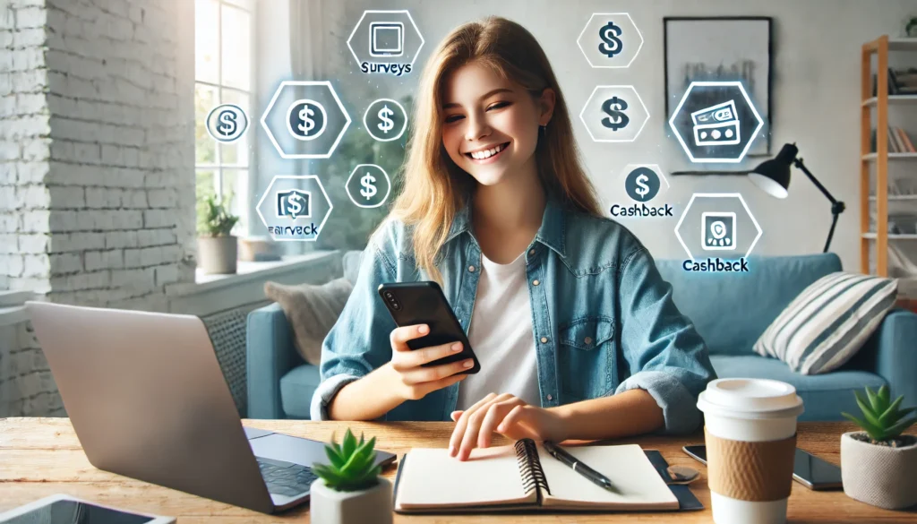 Student using earning app on smartphone at study desk with digital icons representing money-making apps.