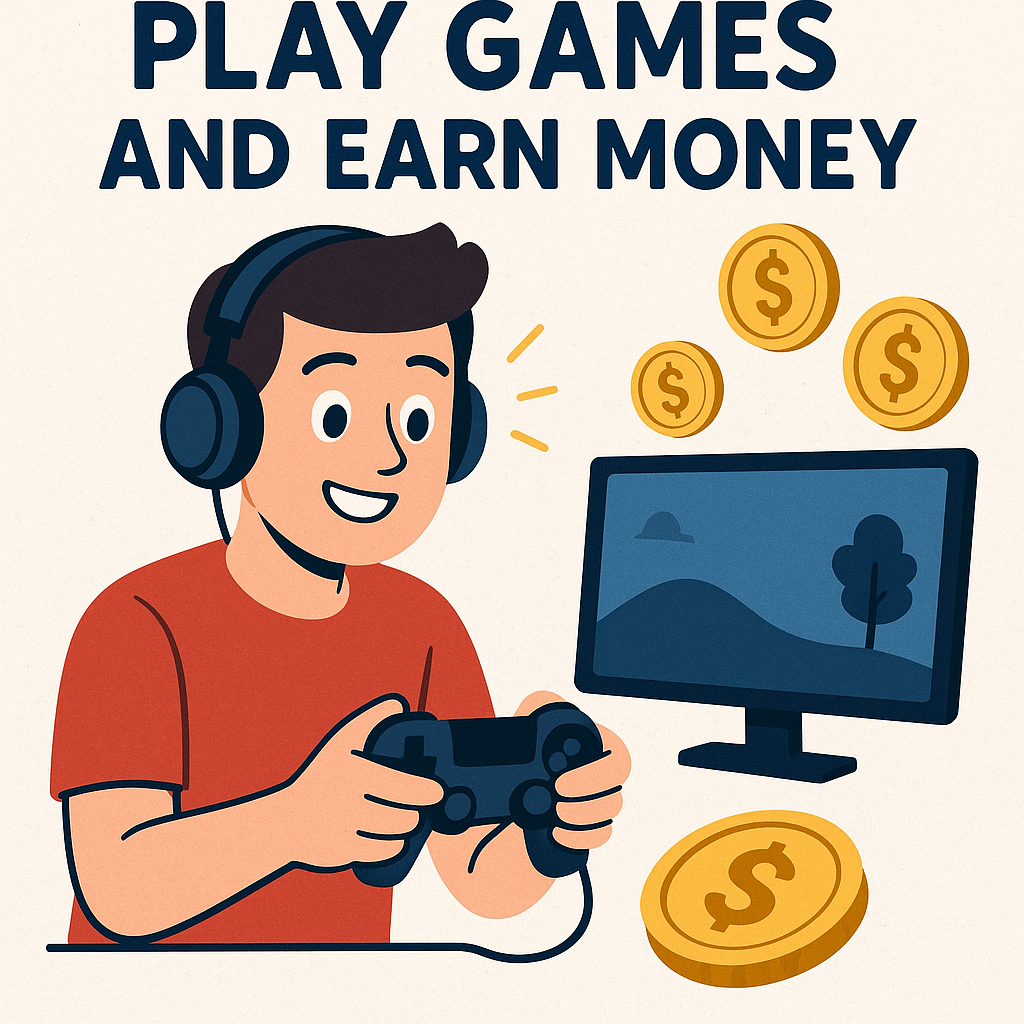 A cheerful young man wearing headphones plays video games with a controller while gold coins float around him and a monitor displays a game scene, symbolizing earning money by gaming.