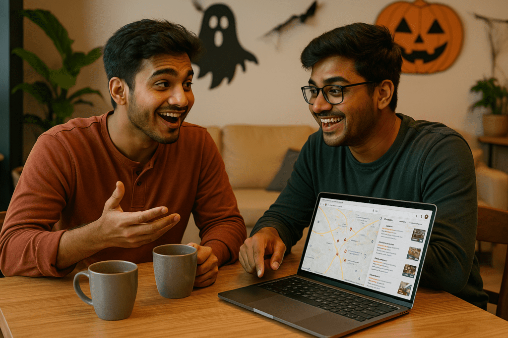 Two South Asian men discussing how to make money using Google Maps while looking at a laptop screen in a cozy cafe.