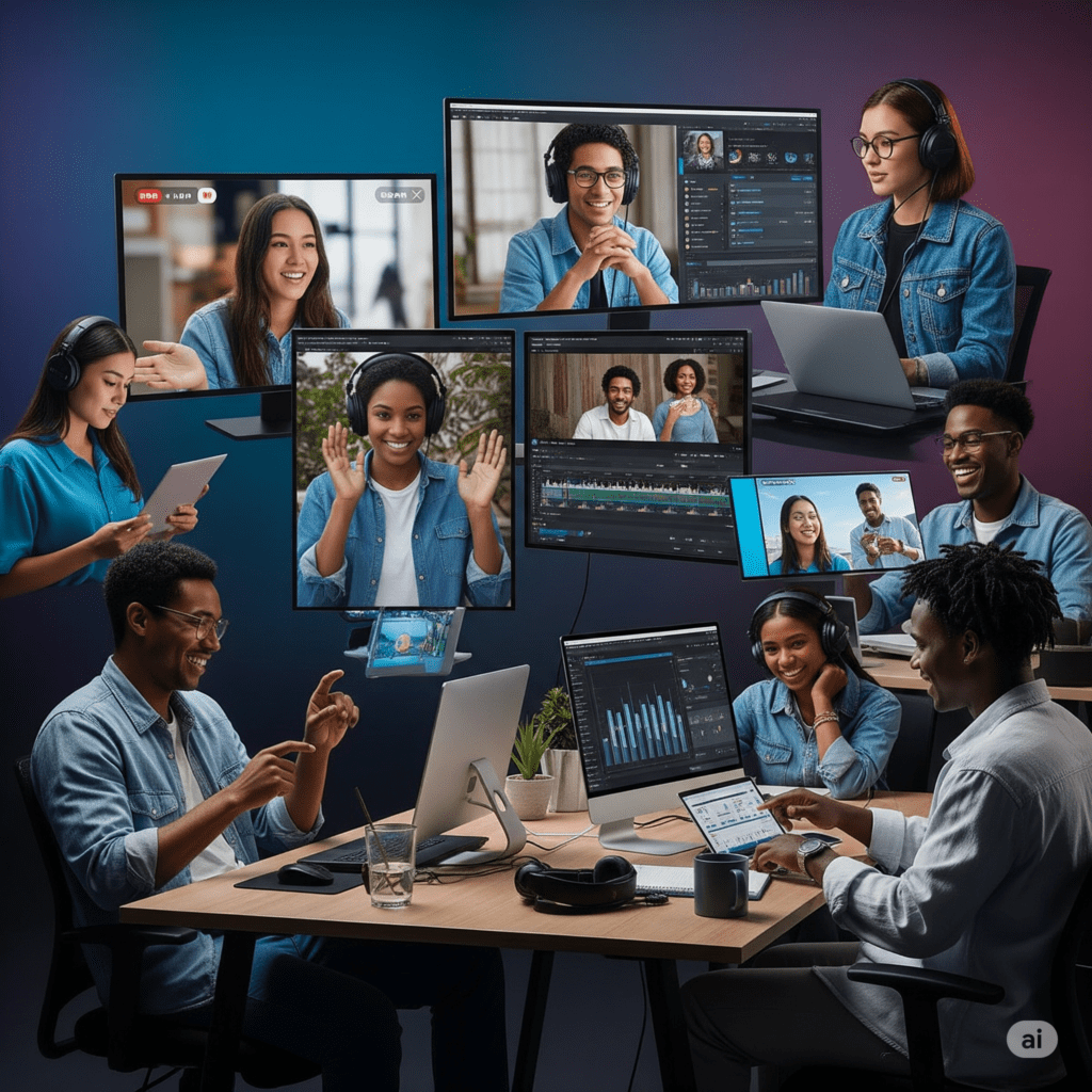 A diverse group of young adults collaboratively work on computers and tablets, engaged in various aspects of YouTube content creation, including filming, editing, analytics review, and live streaming. The scene conveys a sense of teamwork and the multifaceted nature of earning money on YouTube in a modern, tech-driven environment.
