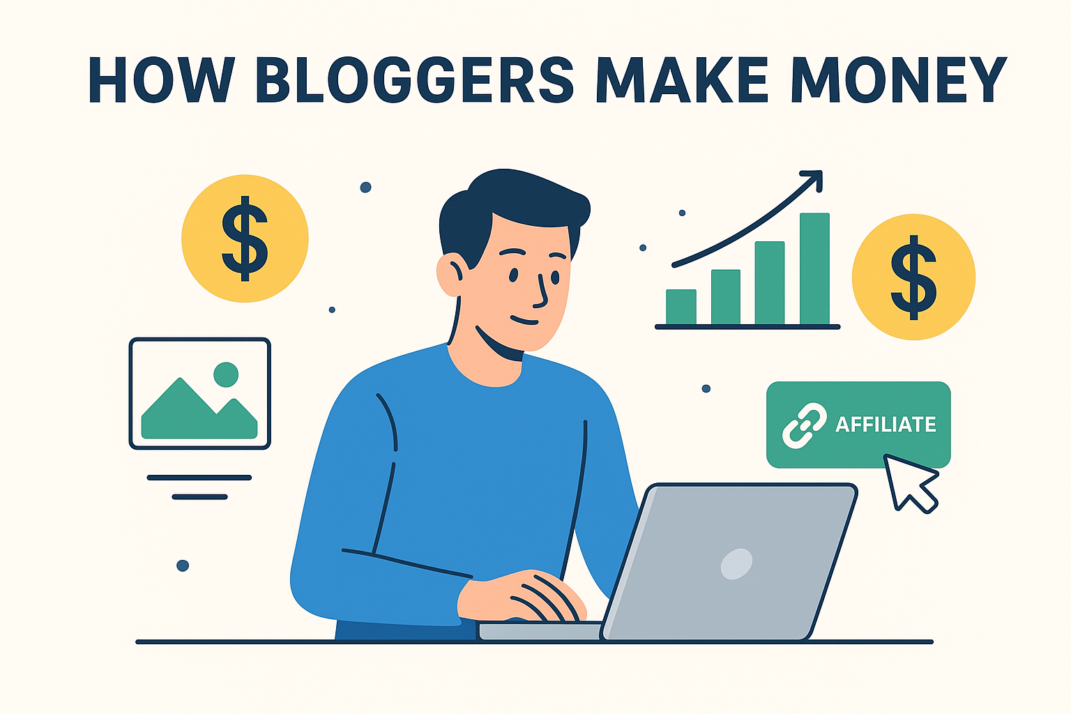 Illustration showing how bloggers make money through affiliate marketing, ads, and online income streams