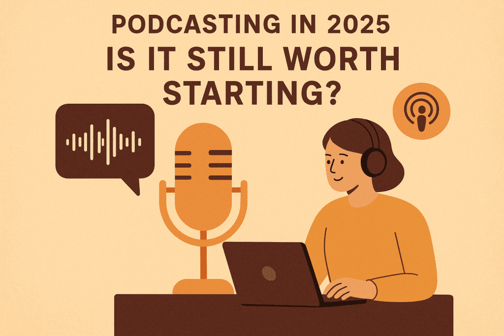 Illustration of podcasting in 2025 showing a person with headphones recording at a laptop with a microphone and audio wave graphics