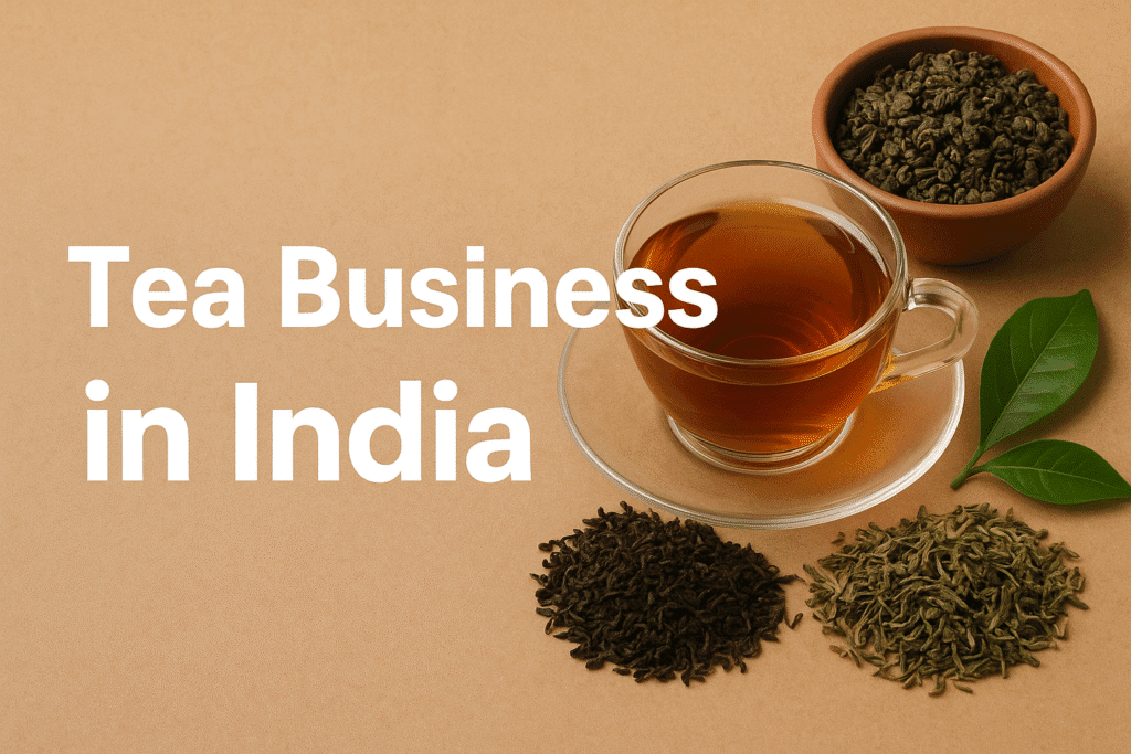 A glass cup of tea with loose black and green tea leaves, symbolizing tea business opportunities in India.