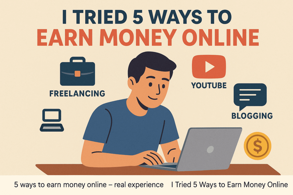 Illustration of a man working on a laptop with icons for freelancing, YouTube, and blogging showing 5 ways to earn money online