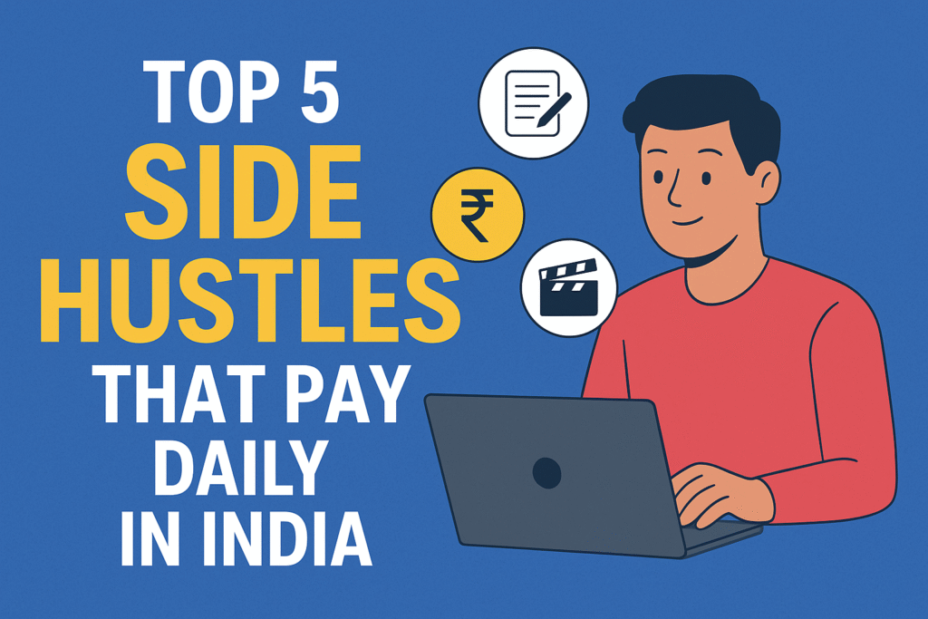 Illustration of a man working on a laptop with icons representing writing, money, and creative work, with the text “Top 5 Side Hustles That Pay Daily in India