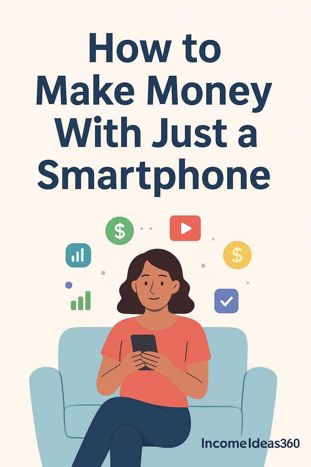 A young woman sitting on a sofa using a smartphone with floating icons of money, video, and social media, symbolizing online earning opportunities.