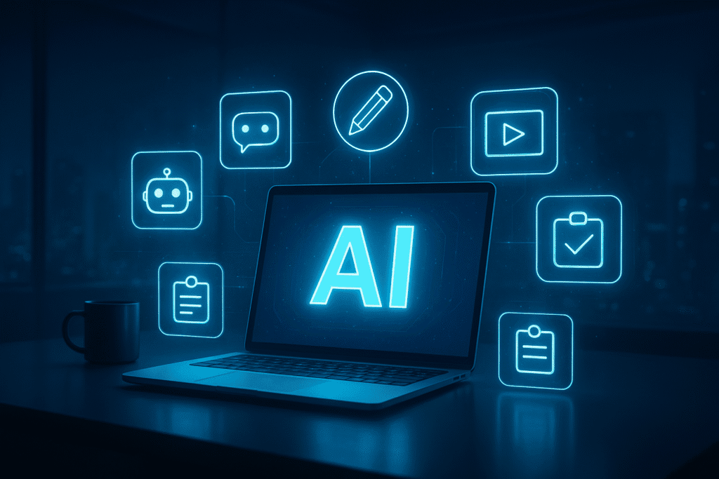 A futuristic workspace with a laptop surrounded by glowing holographic AI icons for chatbots, writing, design, video, and productivity.