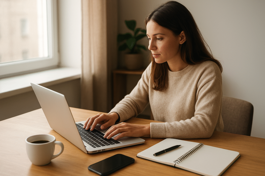 Freelancer working on a laptop at home with coffee and notes